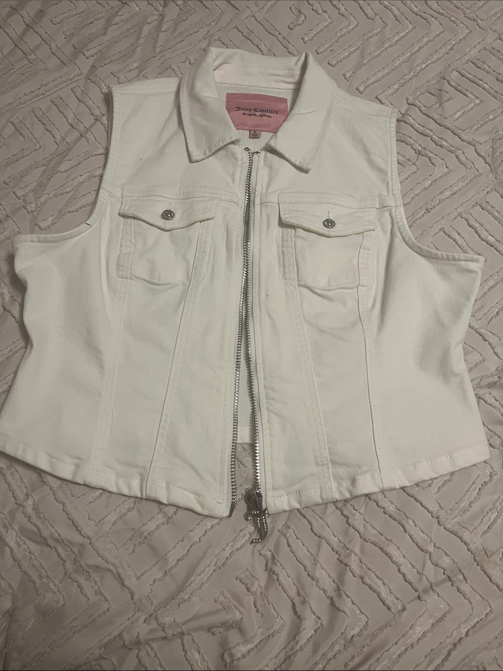 Juicy Couture White Sleeveless Zip-Front Jean Vest